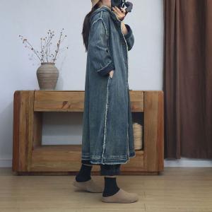 Button Down Fringed Hem Denim Hooded Coat