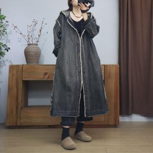 Button Down Fringed Hem Denim Hooded Coat