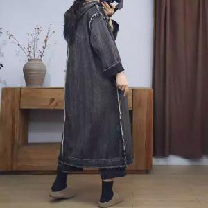Button Down Fringed Hem Denim Hooded Coat