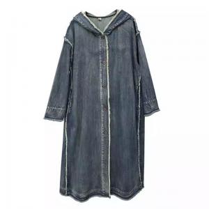 Button Down Fringed Hem Denim Hooded Coat