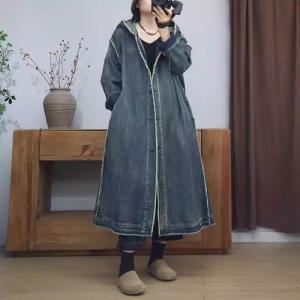 Button Down Fringed Hem Denim Hooded Coat
