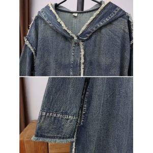 Button Down Fringed Hem Denim Hooded Coat