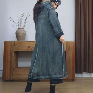 Button Down Fringed Hem Denim Hooded Coat