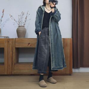 Button Down Fringed Hem Denim Hooded Coat