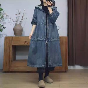 Stone Wash Drawstring Zip Up Hooded Jean Coat Dress