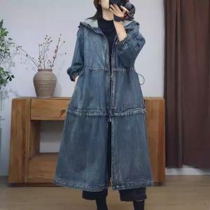 Stone Wash Drawstring Zip Up Hooded Jean Coat Dress
