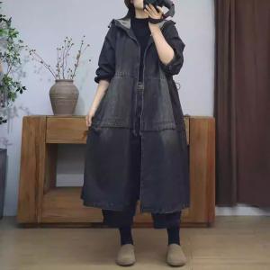 Stone Wash Drawstring Zip Up Hooded Jean Coat Dress