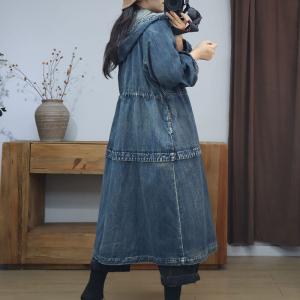 Stone Wash Drawstring Zip Up Hooded Jean Coat Dress