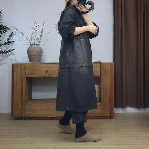 Stone Wash Drawstring Zip Up Hooded Jean Coat Dress