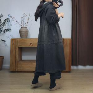 Stone Wash Drawstring Zip Up Hooded Jean Coat Dress