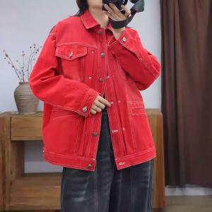 Chest Pocket Polo Neck Red Jean Jacket