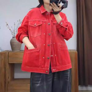 Chest Pocket Polo Neck Red Jean Jacket