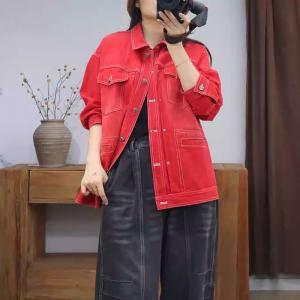 Chest Pocket Polo Neck Red Jean Jacket