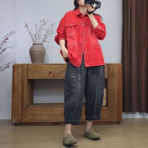 Chest Pocket Polo Neck Red Jean Jacket