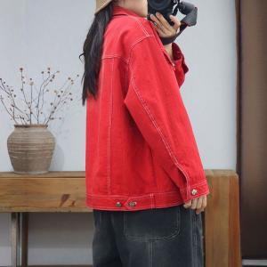 Chest Pocket Polo Neck Red Jean Jacket