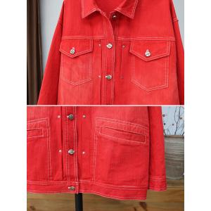 Chest Pocket Polo Neck Red Jean Jacket