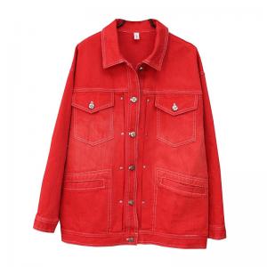 Chest Pocket Polo Neck Red Jean Jacket