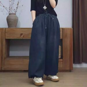 Drawstring Waist Dark Wash Wide Leg Jeans