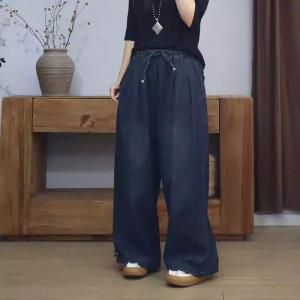 Drawstring Waist Dark Wash Wide Leg Jeans