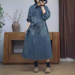 Tied Waist Polo Neck Elegant Jean Dress Coat