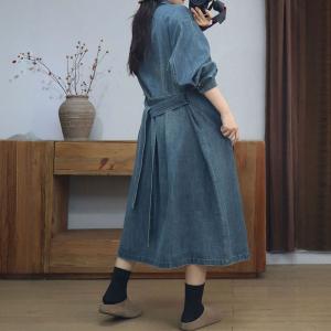 Tied Waist Polo Neck Elegant Jean Dress Coat