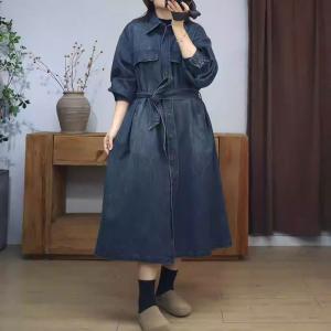 Tied Waist Polo Neck Elegant Jean Dress Coat