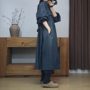 Tied Waist Polo Neck Elegant Jean Dress Coat
