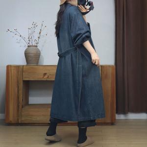 Tied Waist Polo Neck Elegant Jean Dress Coat