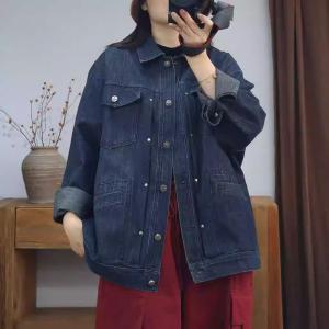 Flap Pockets Polo Neck Oversized Jean Jacket
