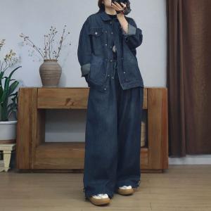 Flap Pockets Polo Neck Oversized Jean Jacket