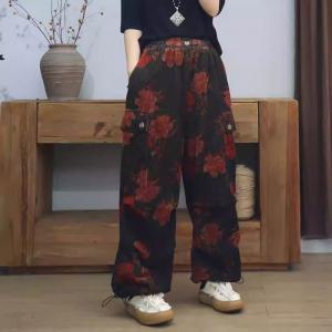 Red Flowers High Waist Drawstring Legs Corduroy Pants