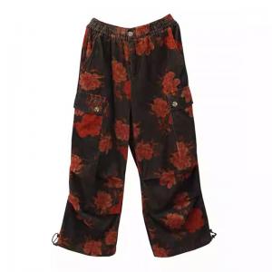 Red Flowers High Waist Drawstring Legs Corduroy Pants