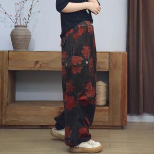 Red Flowers High Waist Drawstring Legs Corduroy Pants
