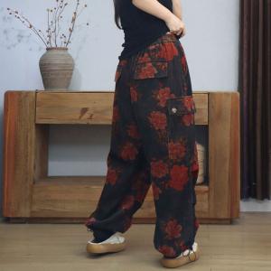 Red Flowers High Waist Drawstring Legs Corduroy Pants
