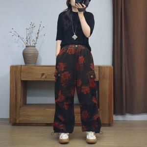 Red Flowers High Waist Drawstring Legs Corduroy Pants