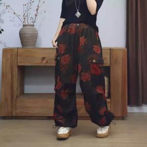 Red Flowers High Waist Drawstring Legs Corduroy Pants