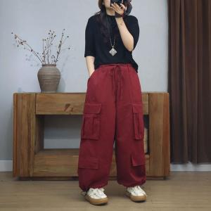 Side Pockets Drawstring Waist Cotton Wide Leg Cargo Pants