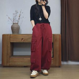 Side Pockets Drawstring Waist Cotton Wide Leg Cargo Pants