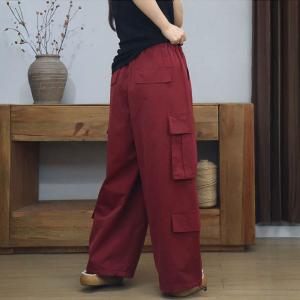 Side Pockets Drawstring Waist Cotton Wide Leg Cargo Pants