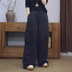 Side Pockets Drawstring Waist Cotton Wide Leg Cargo Pants