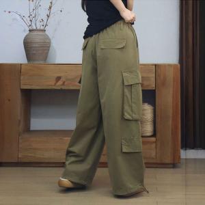 Side Pockets Drawstring Waist Cotton Wide Leg Cargo Pants