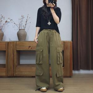 Side Pockets Drawstring Waist Cotton Wide Leg Cargo Pants