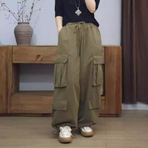 Side Pockets Drawstring Waist Cotton Wide Leg Cargo Pants
