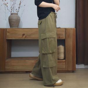 Side Pockets Drawstring Waist Cotton Wide Leg Cargo Pants