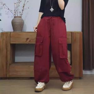 Side Pockets Drawstring Waist Cotton Wide Leg Cargo Pants