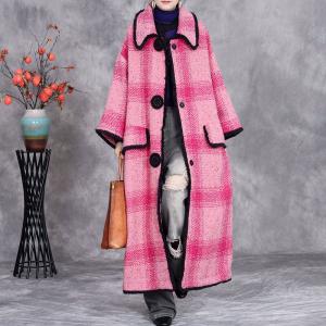 Pink Tartan Woolen Plus Size Coat