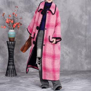 Pink Tartan Woolen Plus Size Coat