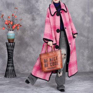 Pink Tartan Woolen Plus Size Coat
