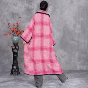 Pink Tartan Woolen Plus Size Coat