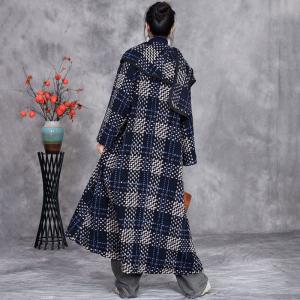 Winter Blue Checkered Wool Coat with Scarf